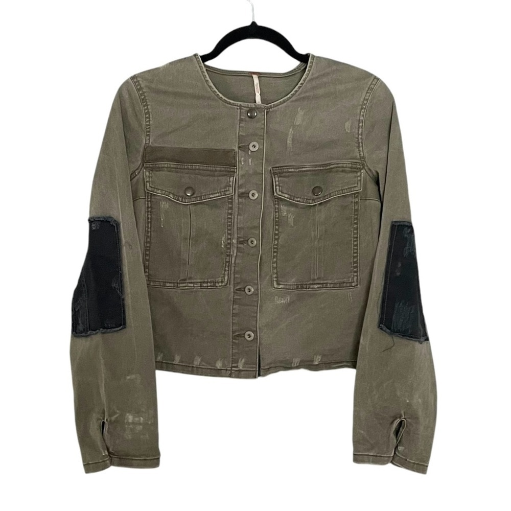 FREE PEOPLE Button Front Cropped Distressed Military Jacket Green Black XS